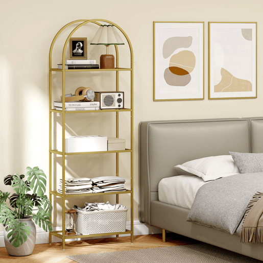 HOMCOM Estante de Vidro Temperado de 5 Níveis Estante de Arrumação Estrutura Arqueada Estante Estreita para Espaços Pequenos Casa de Banho Sala de Estar e Cozinha 60x30x175 cm Dourado