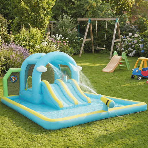AIYAPLAY Castelo Insuflável Grande Aquático 7 em 1 com Soprador 450W Insuflável para Crianças com Escorrega SecoÁgua, Trampolim, Piscina, Cesta, Coluna de Boxe ExteriorInterior 3-8 Anos 426x360x198 cm