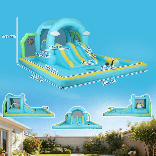 AIYAPLAY Castelo Insuflável Grande Aquático 7 em 1 com Soprador 450W Insuflável para Crianças com Escorrega SecoÁgua, Trampolim, Piscina, Cesta, Coluna de Boxe ExteriorInterior 3-8 Anos 426x360x198 cm