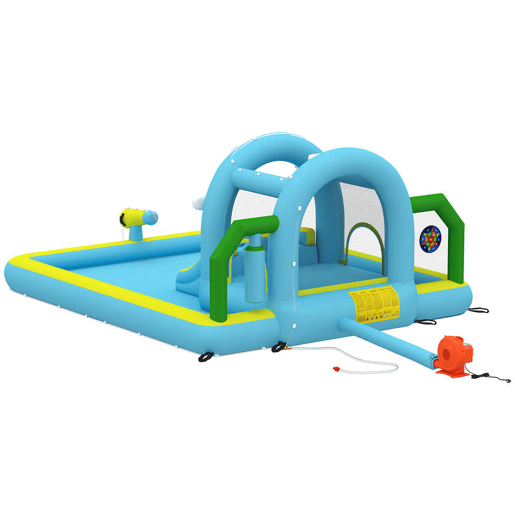AIYAPLAY Castelo Insuflável Grande Aquático 7 em 1 com Soprador 450W Insuflável para Crianças com Escorrega SecoÁgua, Trampolim, Piscina, Cesta, Coluna de Boxe ExteriorInterior 3-8 Anos 426x360x198 cm