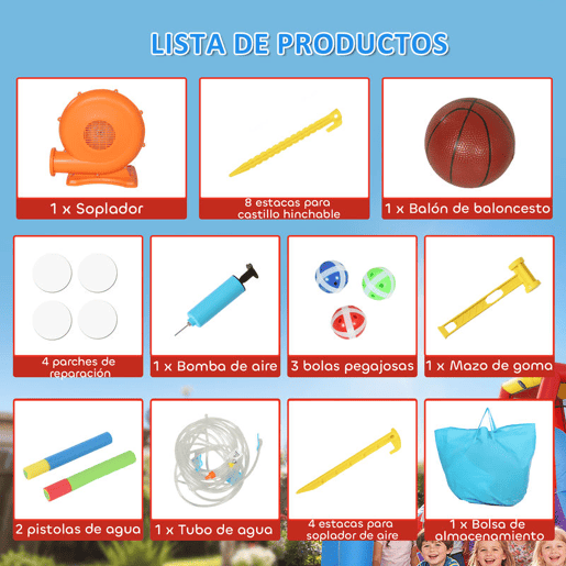 AIYAPLAY Castelo Insuflável Grande Aquático 7 em 1 com Soprador 450W Insuflável para Crianças com Escorrega SecoÁgua, Trampolim, Piscina, Cesta, Coluna de Boxe ExteriorInterior 3-8 Anos 426x360x198 cm