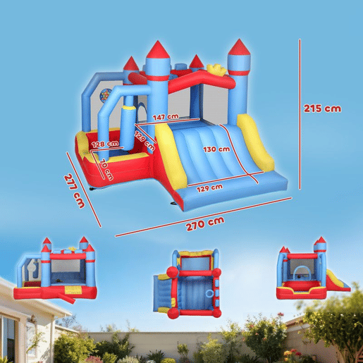 AIYAPLAY Castelo Insuflável para Crianças com Insuflador, Castelo Insuflável com Escorrega, Área de Salto, Piscina, Coluna de Boxe e Cesto de Basquetebol, para Crianças dos 3 aos 8 Anos, Interior e Exterior, 277x270x215 cm