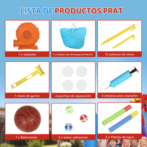 AIYAPLAY Castelo Insuflável para Crianças com Insuflador, Castelo Insuflável com Escorrega, Área de Salto, Piscina, Coluna de Boxe e Cesto de Basquetebol, para Crianças dos 3 aos 8 Anos, Interior e Exterior, 277x270x215 cm