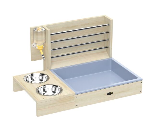 Pawhut comedero de heno para conejos con bandeja, alimentador de heno de madera con cuenco de acero inoxidable y botella de agua, para cobayas, chinchillas, gran capacidad y prevención de residuos