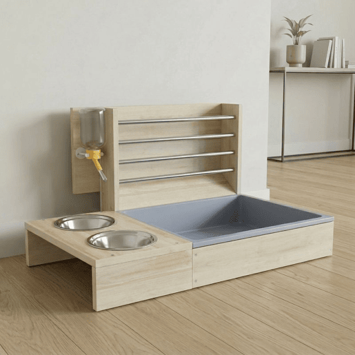 PawHut Comedouro de Feno para Coelhos com Bandeja, Alimentador de Feno em Madeira com Tigela de Aço Inoxidável e Bebedouro, para Porquinhos-da-Índia, Chinchilas, Grande Capacidade e Prevenção de Resíduos
