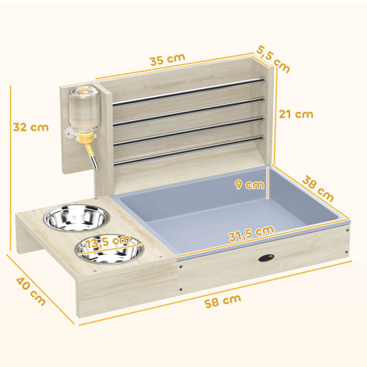 PawHut Comedouro de Feno para Coelhos com Bandeja, Alimentador de Feno em Madeira com Tigela de Aço Inoxidável e Bebedouro, para Porquinhos-da-Índia, Chinchilas, Grande Capacidade e Prevenção de Resíduos