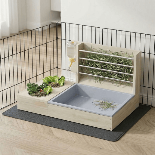 PawHut Comedouro de Feno para Coelhos com Bandeja, Alimentador de Feno em Madeira com Tigela de Aço Inoxidável e Bebedouro, para Porquinhos-da-Índia, Chinchilas, Grande Capacidade e Prevenção de Resíduos