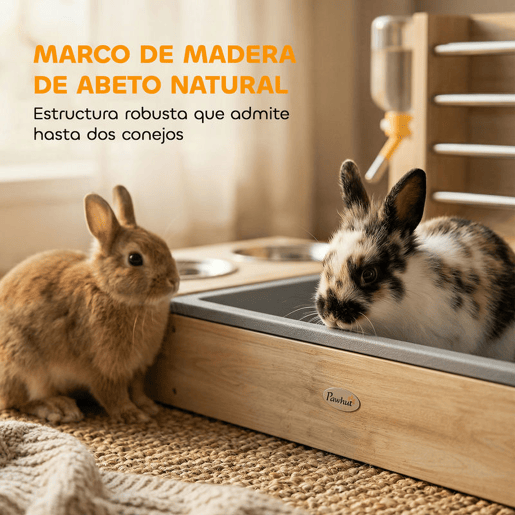 PawHut Comedouro de Feno para Coelhos com Bandeja, Alimentador de Feno em Madeira com Tigela de Aço Inoxidável e Bebedouro, para Porquinhos-da-Índia, Chinchilas, Grande Capacidade e Prevenção de Resíduos
