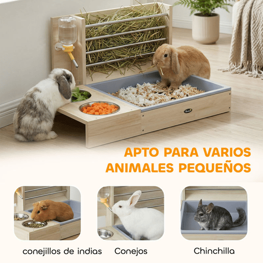 PawHut Comedouro de Feno para Coelhos com Bandeja, Alimentador de Feno em Madeira com Tigela de Aço Inoxidável e Bebedouro, para Porquinhos-da-Índia, Chinchilas, Grande Capacidade e Prevenção de Resíduos