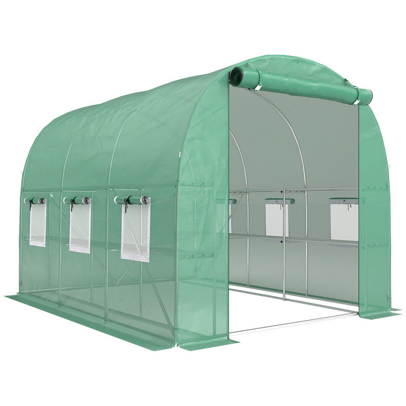 Outsunny invernadero de exterior 2,8x2x1,9 m con estantes, invernadero de túnel con puerta enrollable, 6 ventanas de malla, cubierta pe y marco de acero galvanizado, anti-uv, impermeable, verde