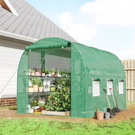 Outsunny Estufa de Exterior 2,8x2x1,9 m com Prateleiras Estufa Túnel com Porta Enrolável 6 Janelas de Rede, Cobertura PE e Estrutura em Aço Galvanizado Anti-UV, Impermeável Verde