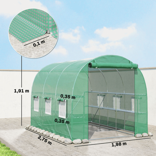 Outsunny Estufa de Exterior 2,8x2x1,9 m com Prateleiras Estufa Túnel com Porta Enrolável 6 Janelas de Rede, Cobertura PE e Estrutura em Aço Galvanizado Anti-UV, Impermeável Verde