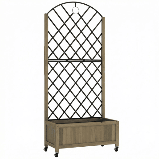 Outsunny Floreira de Madeira com Grade Metálica e Rodas Floreira Exterior Grande para Plantas Trepadeiras Vaso Elevado para Jardim Terraço 72x36x168 cm Carbonizado