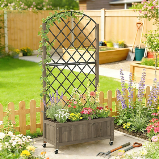 Outsunny Floreira de Madeira com Grade Metálica e Rodas Floreira Exterior Grande para Plantas Trepadeiras Vaso Elevado para Jardim Terraço 72x36x168 cm Carbonizado