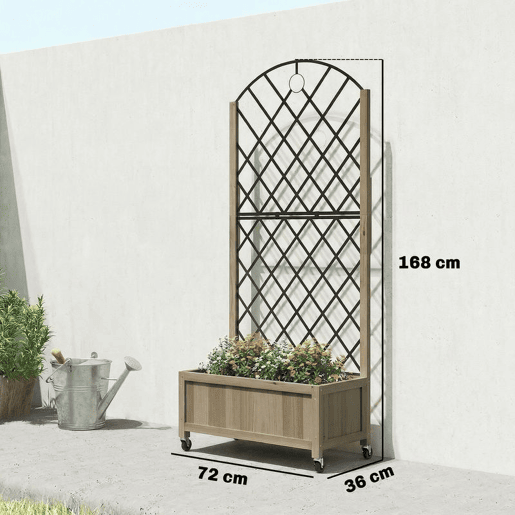 Outsunny Floreira de Madeira com Grade Metálica e Rodas Floreira Exterior Grande para Plantas Trepadeiras Vaso Elevado para Jardim Terraço 72x36x168 cm Carbonizado