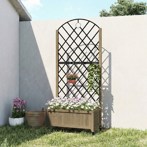 Outsunny Floreira de Madeira com Grade Metálica e Rodas Floreira Exterior Grande para Plantas Trepadeiras Vaso Elevado para Jardim Terraço 72x36x168 cm Carbonizado