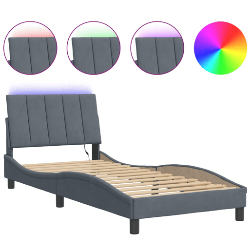 Estrutura de cama de solteiro simple com LED 90x200 cm veludo cinza-escuro