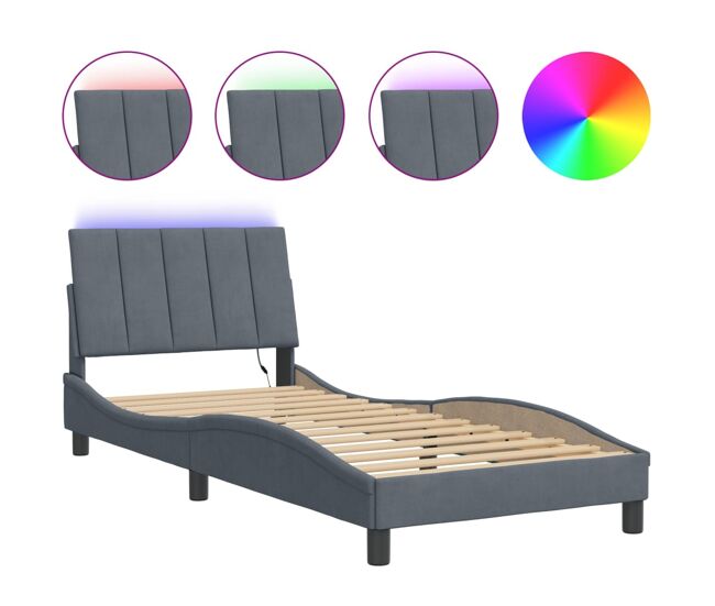 Estructura de cama individual para adultos con led terciopelo gris oscuro 90x190 cm