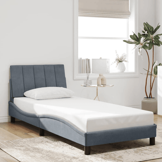 Estrutura de cama de solteiro simple com LED 90x190 cm veludo cinzento-escuro