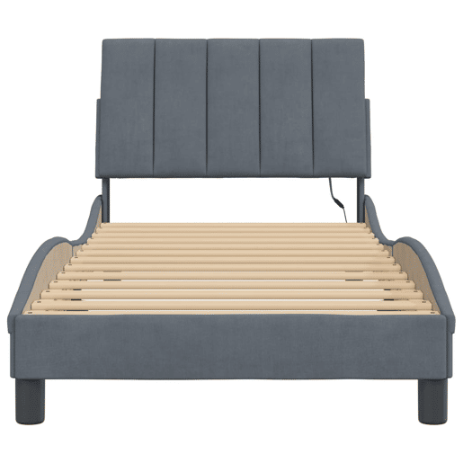 Estrutura de cama de solteiro simple com LED 90x190 cm veludo cinzento-escuro