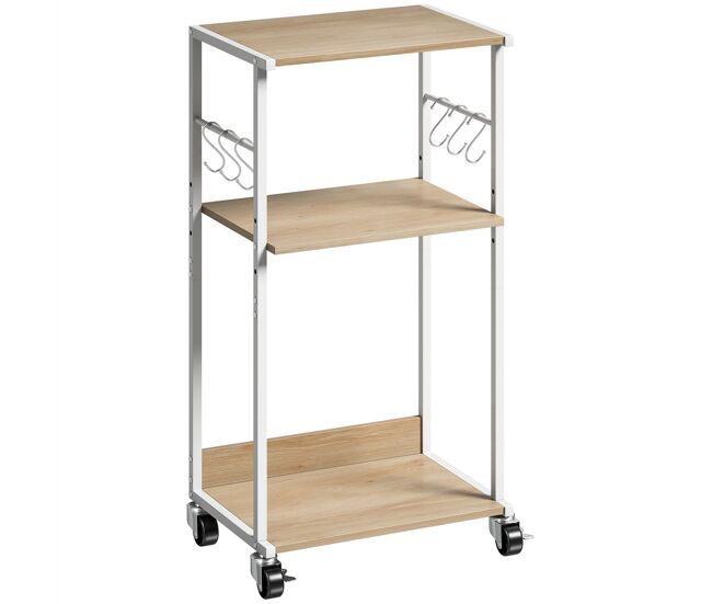 Homcom soporte para impresora de 3 niveles con ruedas, mueble para impresora con ganchos y marco metálico, estantería multiusos para oficina, casa, escuela, madera natural