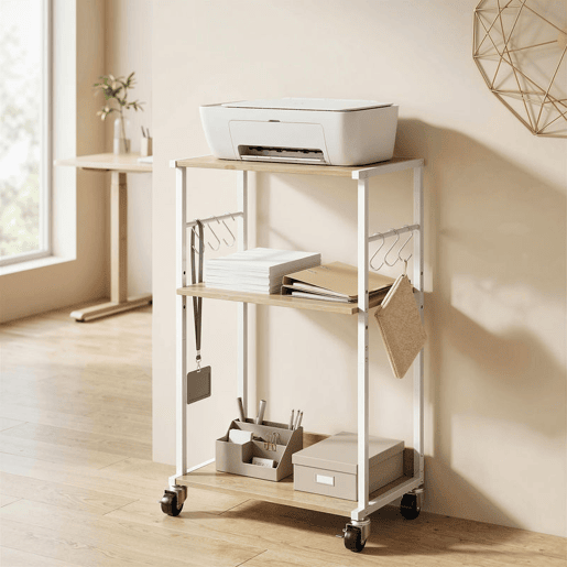HOMCOM Suporte para Impressora de 3 Níveis com Rodas Móvel com Ganchos e Estrutura Metálica Estante Multiusos para Escritório Casa 43x30x82 cm Madeira