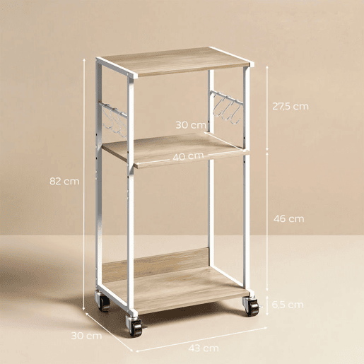 HOMCOM Suporte para Impressora de 3 Níveis com Rodas Móvel com Ganchos e Estrutura Metálica Estante Multiusos para Escritório Casa 43x30x82 cm Madeira