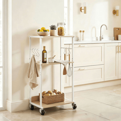 HOMCOM Suporte para Impressora de 3 Níveis com Rodas Móvel com Ganchos e Estrutura Metálica Estante Multiusos para Escritório Casa 43x30x82 cm Madeira
