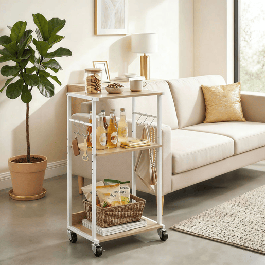 HOMCOM Suporte para Impressora de 3 Níveis com Rodas Móvel com Ganchos e Estrutura Metálica Estante Multiusos para Escritório Casa 43x30x82 cm Madeira