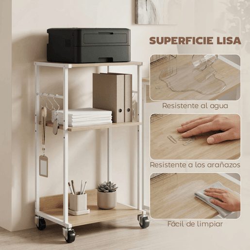 HOMCOM Suporte para Impressora de 3 Níveis com Rodas Móvel com Ganchos e Estrutura Metálica Estante Multiusos para Escritório Casa 43x30x82 cm Madeira