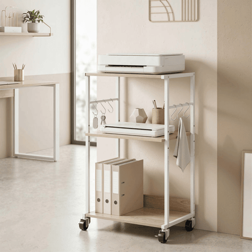 HOMCOM Suporte para Impressora de 3 Níveis com Rodas Móvel com Ganchos e Estrutura Metálica Estante Multiusos para Escritório Casa 43x30x82 cm Madeira