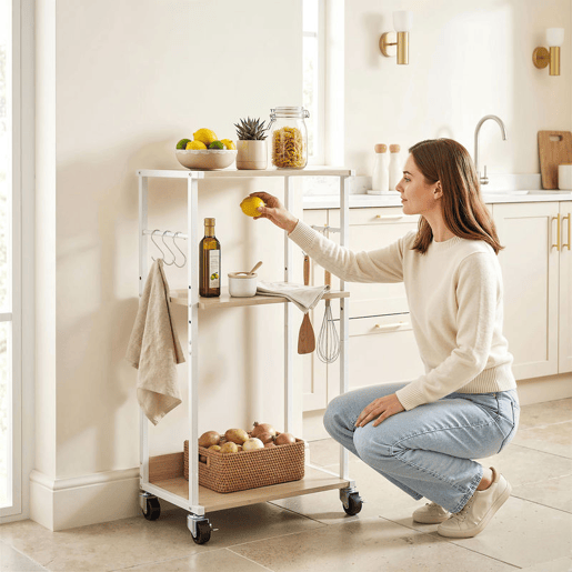 HOMCOM Suporte para Impressora de 3 Níveis com Rodas Móvel com Ganchos e Estrutura Metálica Estante Multiusos para Escritório Casa 43x30x82 cm Madeira