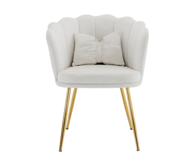 Sillón moderno de terciopelo - diseño con respaldo en forma de pétalos, patas metálicas doradas, cojín en forma de mariposa - beige