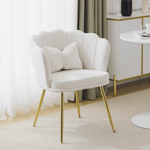 Poltrona moderna de veludo - Design com encosto em forma de pétalas, pernas metálicas douradas, almofada em forma de borboleta - Bege