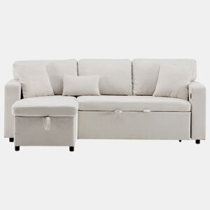 Sofá de canto L - Cama extensível com baú e prateleira integrada - Bege