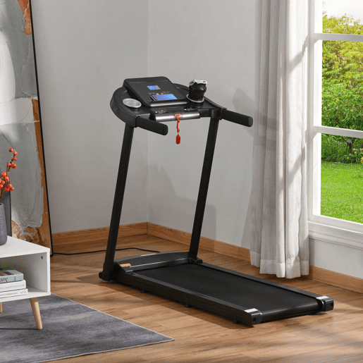 HOMCOM Passadeira para Casa 1-12 KMH 1,5HP Caminhar e Correr Elétrica com 12 Programas Rodas Ecrã LED Suporte para Telemóvel e 2 Suportes para Copos para Uso em Casa ou Escritório