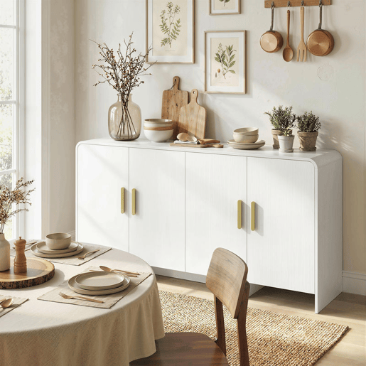 HOMCOM Aparador de Cozinha Armário de Cozinha com 4 Prateleiras 4 Portas com Fecho Suave Bordas Arredondadas Aparador para Sala de Jantar Móvel para TV de 72 Polegadas 152x40x80 cm Branco