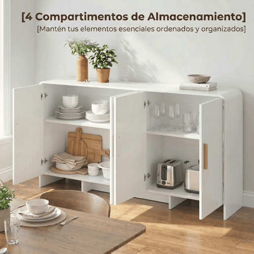 HOMCOM Aparador de Cozinha Armário de Cozinha com 4 Prateleiras 4 Portas com Fecho Suave Bordas Arredondadas Aparador para Sala de Jantar Móvel para TV de 72 Polegadas 152x40x80 cm Branco