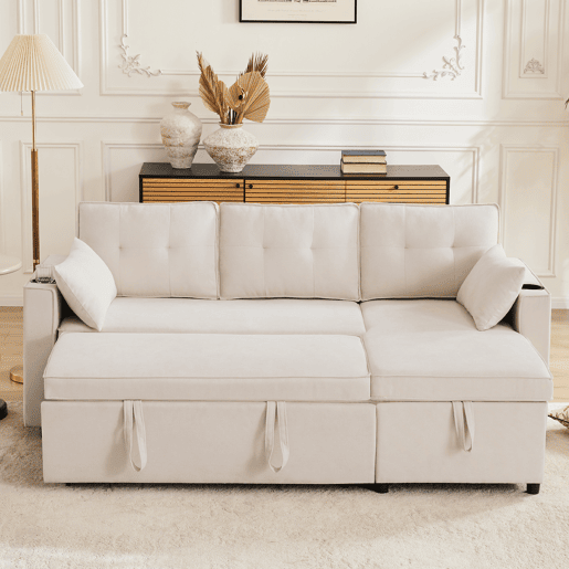 Sofá-cama em forma de L - design moderno, com arrumação e porta-copos - Bege