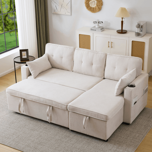 Sofá-cama em forma de L - design moderno, com arrumação e porta-copos - Bege
