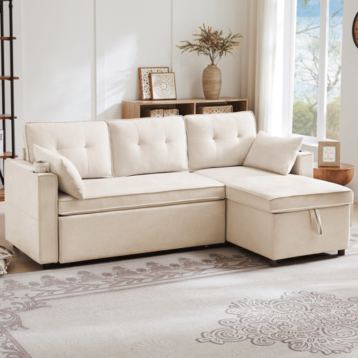 Sofá-cama em forma de L - design moderno, com arrumação e porta-copos - Bege