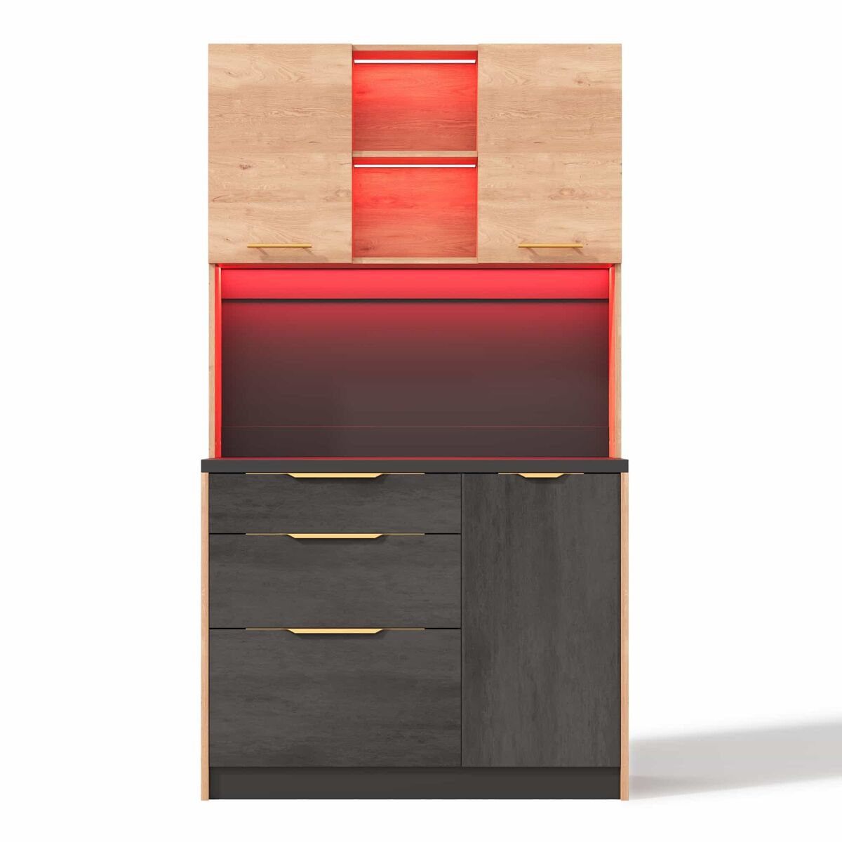 Armario alto de cocina 100 × 40 × 180 cm - estilo moderno, acabado hormigón, encimera negra, iluminación led regulable, toma de corriente europea -