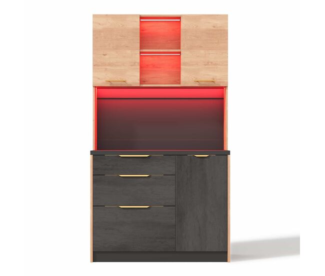 Armario alto de cocina 100 × 40 × 180 cm - estilo moderno, acabado hormigón, encimera negra, iluminación led regulable, toma de corriente europea -