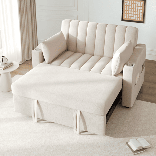 Sofá multifuncional moderno - Sofá-cama com função de descanso, encosto ajustável, com porta-copos e almofadas - Bege