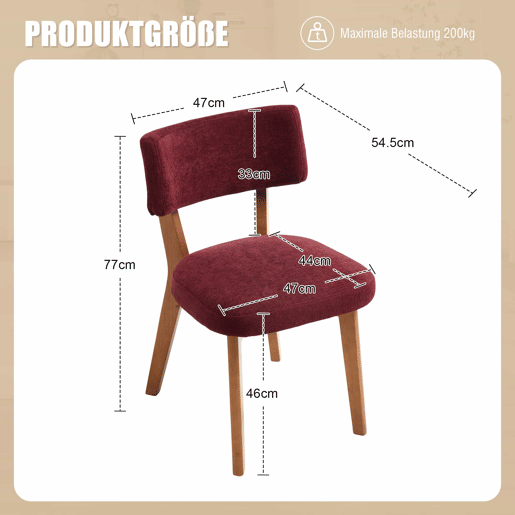 Cadeira de jantar (2 unidades) - estilo moderno mid-century, pernas de madeira, assento estofado - vermelho vinho