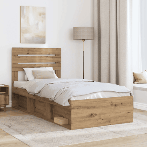 Estrutura de cama de solteiro para adultos com Cabeceira - Carvalho Artesanal 100 x 200 cm