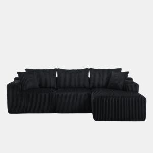 Sofá modular de 3 lugares - Chaise longue, 5 almofadas, bolsos, suporte para bebidas, espuma densa - Preto