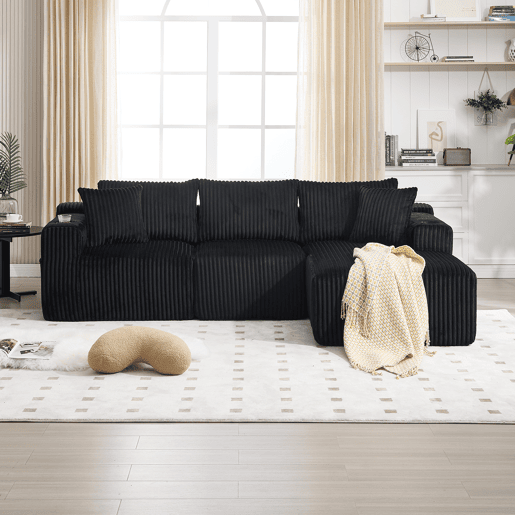 Sofá modular de 3 lugares - Chaise longue, 5 almofadas, bolsos, suporte para bebidas, espuma densa - Preto