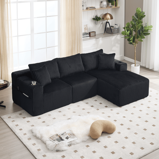 Sofá modular de 3 lugares - Chaise longue, 5 almofadas, bolsos, suporte para bebidas, espuma densa - Preto