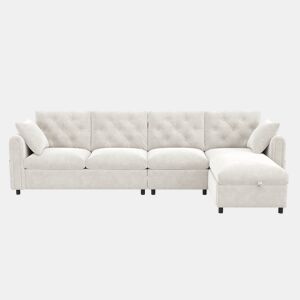 Sofá moderno de veludo 281x86x71 cm - Espaço de arrumação no canto, braços com bolsos - Bege